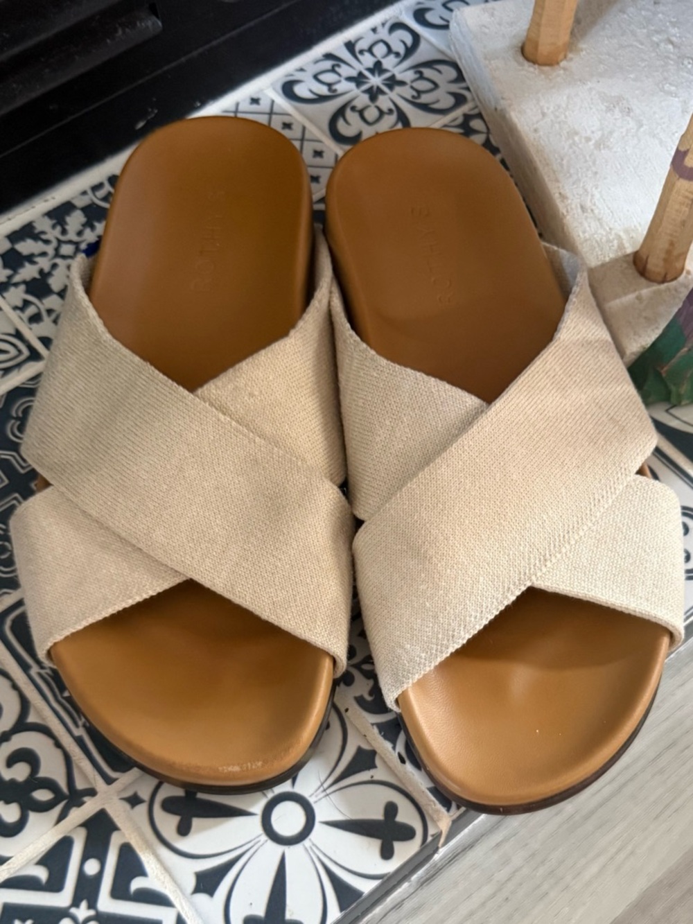 Rothy's Beige Cross-Strap Slide Sandals